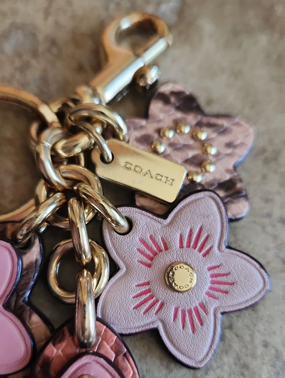COACH Wildflower Pink Floral Leather Key/purse Charm with Gold Hardware
